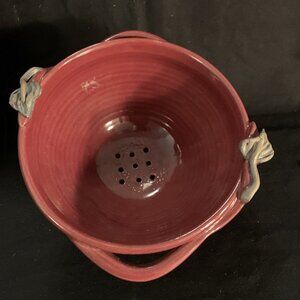 2 PC Handmade Maroon Stoneware Colander Leaf Handles Under Dish Janet Donnangelo
